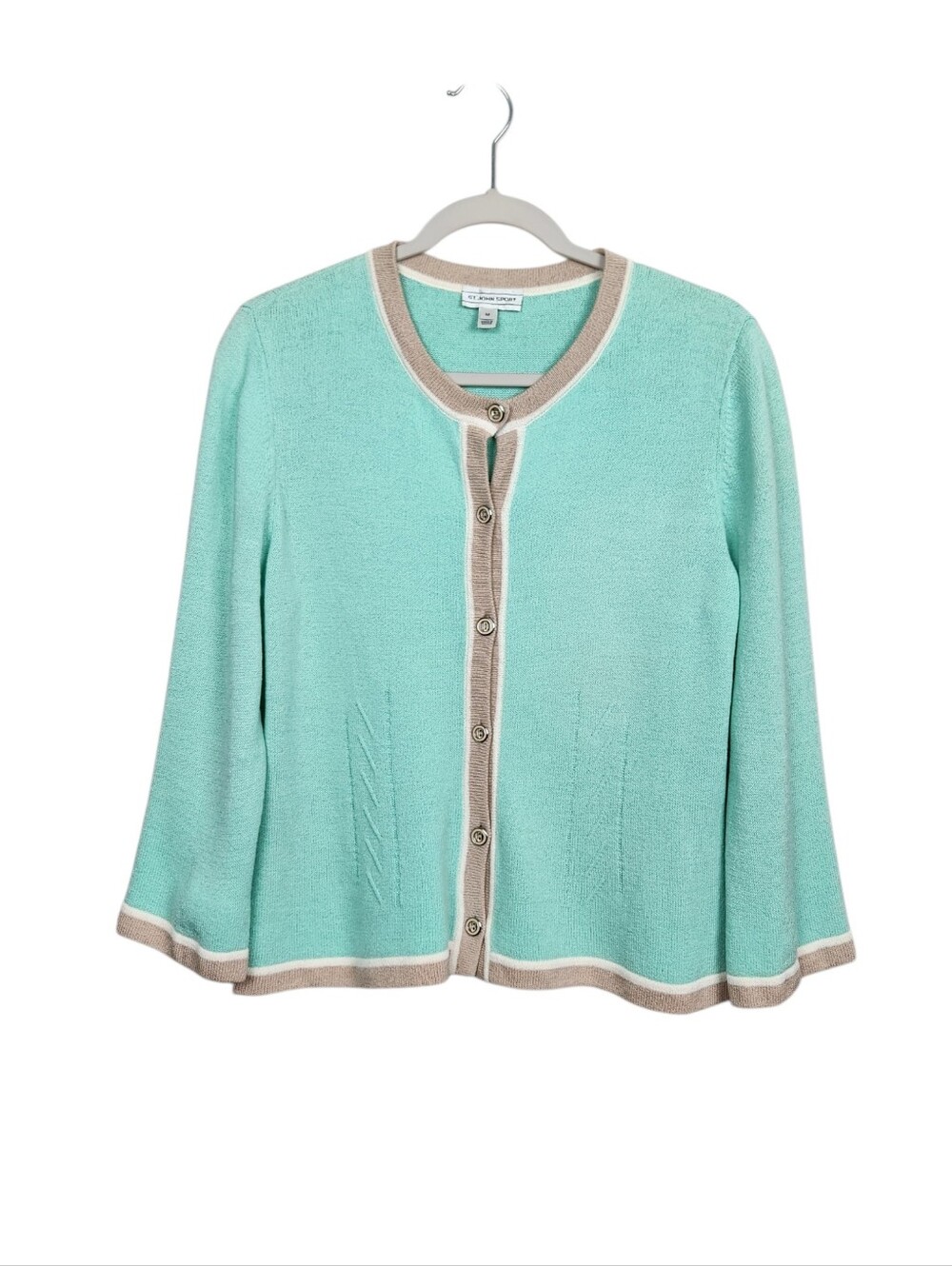 St. John Sport By Marie Grey Mint Green Wool Knit Cardigan Sweater Womens Size M